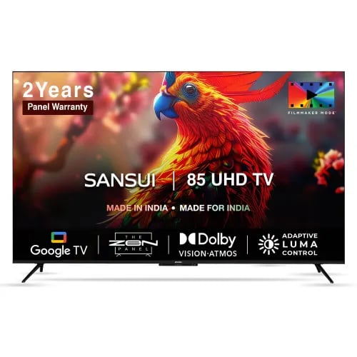 Sansui SANSUI 216 cm (85 inch) 4K Ultra HD Smart Google TV | HDR10 & Dolby Vision | Dolby Atmos & Bezel-Less Design | CA53 Processor | Far-Field Voice Control & Screen Sharing | Google Assistant (JSW85GSUHDFF) - Buy in Secunderabad Hyderabad